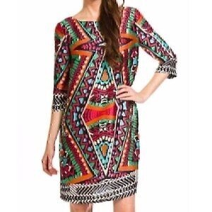 NEW NWT ALEXIA ADMOR 3/4 Sleeve Chemise Dress Pink Blue Orange Aztec Boho Slip M